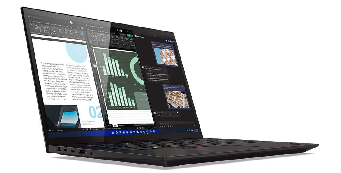 Vista laterale sinistra del notebook X1 Extreme di quinta generazione (16'' Intel) aperto a 90°, con schermo con grafici e tastiera