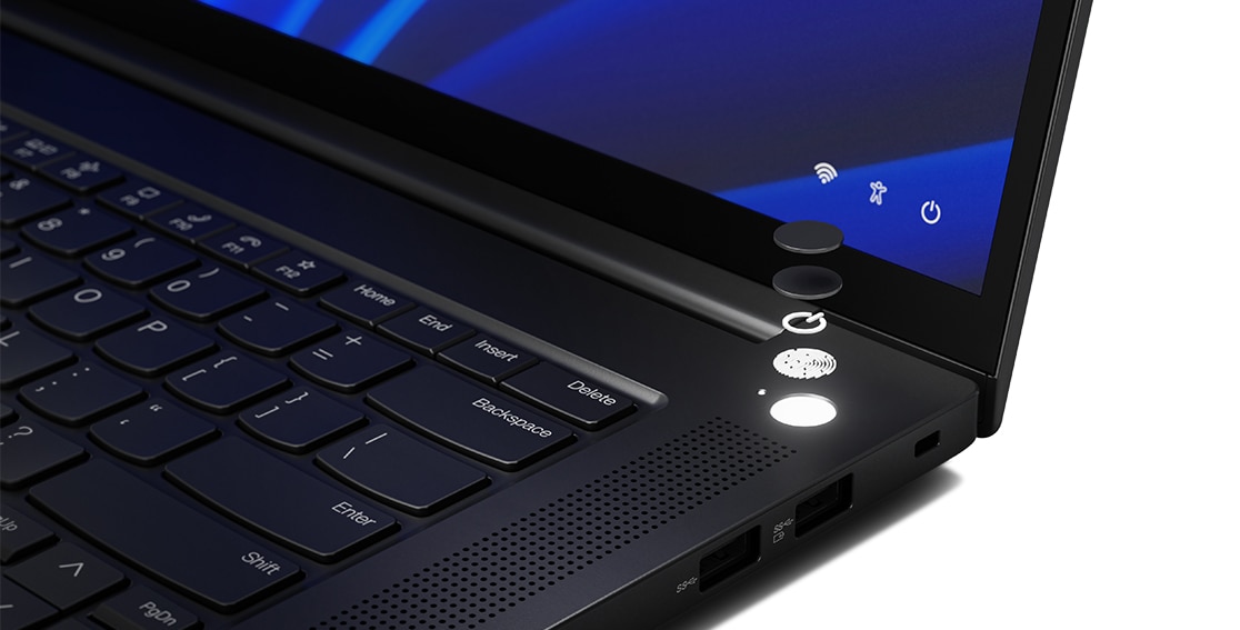 X1 Extreme Gen 5 (16'' Intel) bærbar PC sett fra venstre side, med nærbilde av integrert brikkebasert fingeravtrykksleser