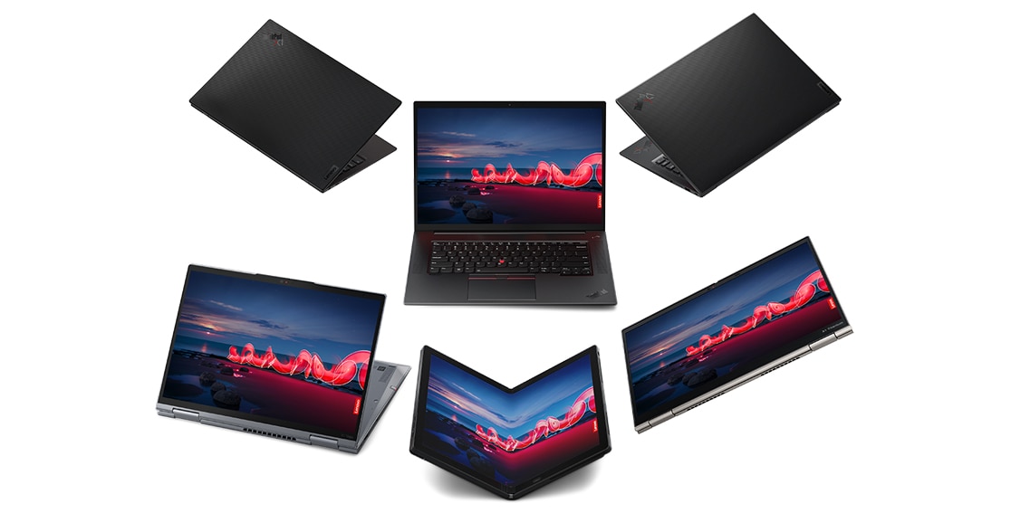 Aerial view of a series of X1 Extreme Gen 5 (16” Intel) laptops, each in different use modes, eg laptop, tent, and tablet