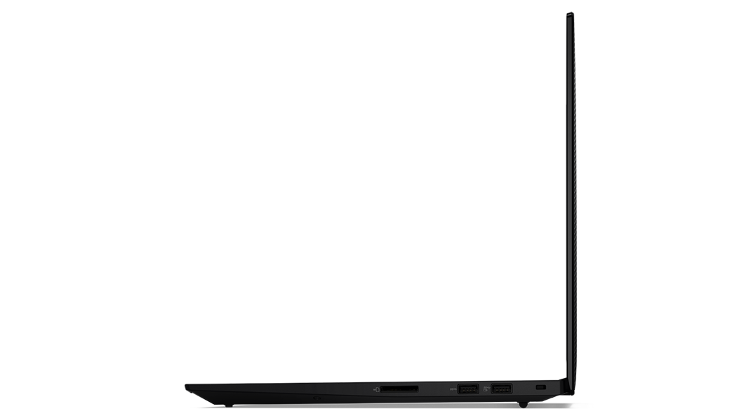 Vue du côté droit de l’ordinateur portable X1 Extreme Gen 5 (16'' Intel), ouvert, à 90 degrés, montrant le bord de l’écran et les ports