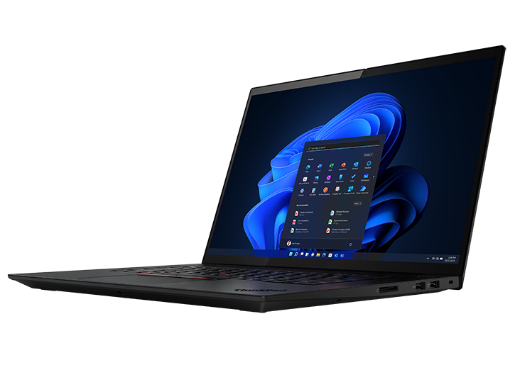 Left-side view of ThinkPad X1 Extreme Gen 5 (16” Intel) laptop, opened, 90 degrees, showing display and laptop