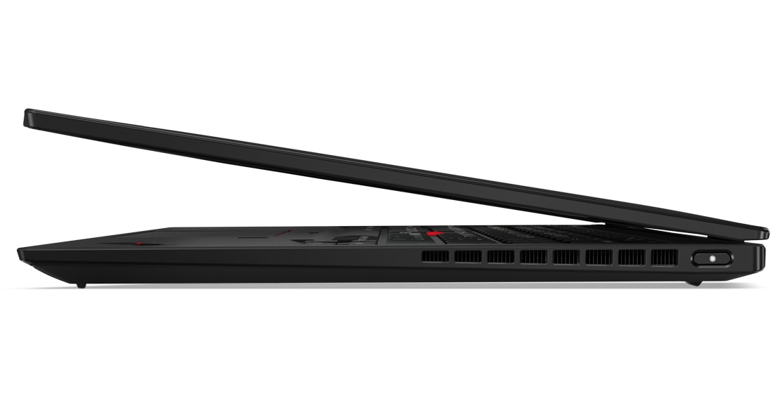 Lenovo ThinkPad X1 Nano from the left-hand-side, slightly open, showing power button.