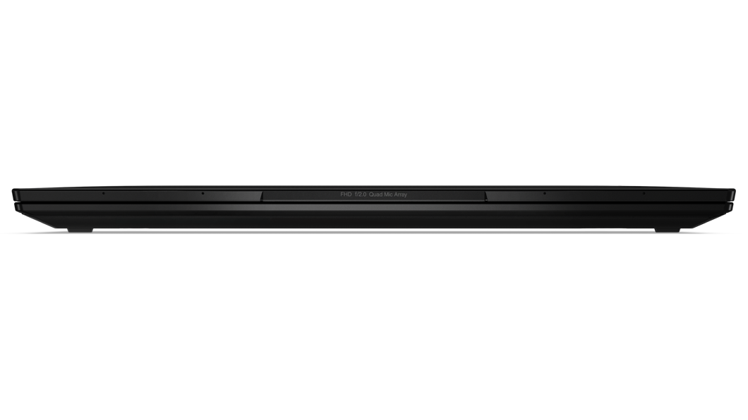 Lenovo ThinkPad X1 Nano som er lukket, sett forfra, slik at det er tydelig hvor tynn den er.
