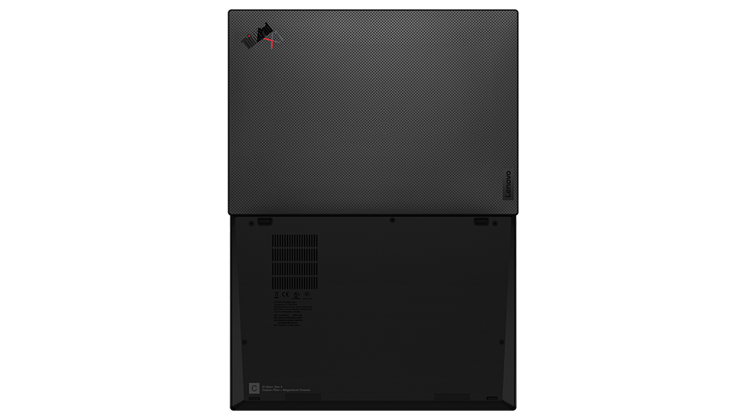 Das Lenovo ThinkPad X1 Nano, flach geöffnet, Ansicht von oben mit Blick auf Vorder- und Rückseite.