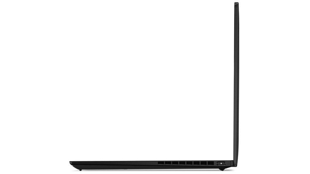 Lenovo ThinkPad X1 Nano, um 90 Grad geöffnet, Ansicht von der Seite, zeigt, wie flach das Notebook ist.