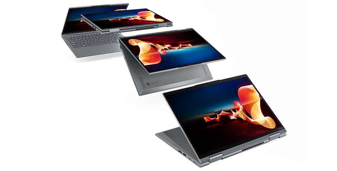 Four Lenovo ThinkPad X1 Yoga Gen 7 2-in-1 laptops in various modes: laptop, tablet, tent, and stand all showing variations on a colorful display.