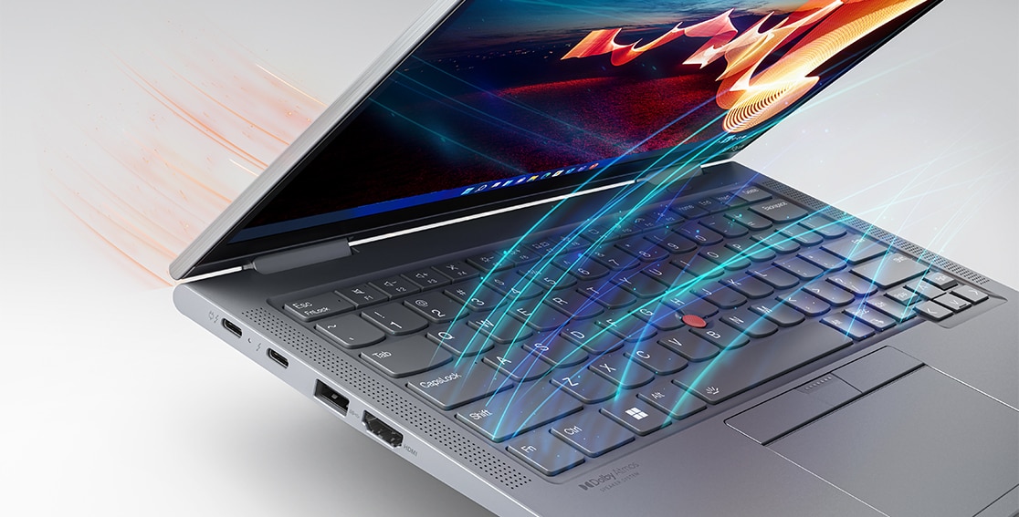 Lenovo ThinkPad X1 Yoga Gen 7 2-in-1 with colorful lines illustrating the air intake beneath the keys.