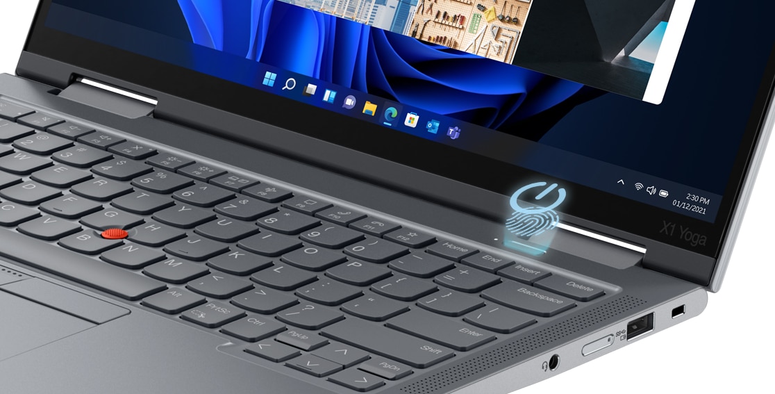 Detail of fingerprint reader integrated with power button on the Lenovo ThinkPad X1 Yoga Gen 7 2-in-1 laptop.