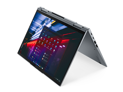Lenovo ThinkPad X1 Yoga Gen 7 2-in-1 laptop in Tent mode, angled to show right-side ports.