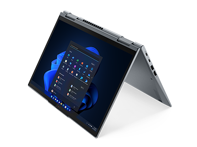 Lenovo ThinkPad X1 Yoga Gen 7 2-in-1 laptop in Tent mode, angled to show right-side ports.