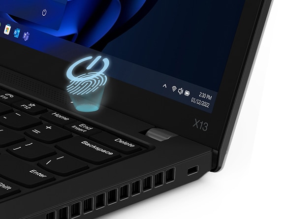 Dettaglio del pulsante di accensione smart con lettore di impronte digitali integrato nel notebook Lenovo ThinkPad X13 di terza generazione.