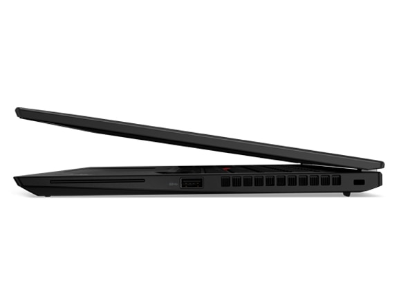 Profilbild från höger av den bärbara datorn Lenovo ThinkPad X13 Gen 3 i färgen Thunder Black, öppnad i 10 grader.