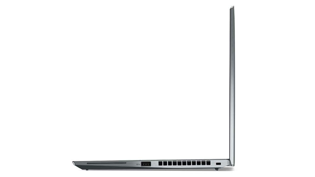 Profilo laterale destro del notebook Lenovo ThinkPad X13 di terza generazione in Storm Grey.