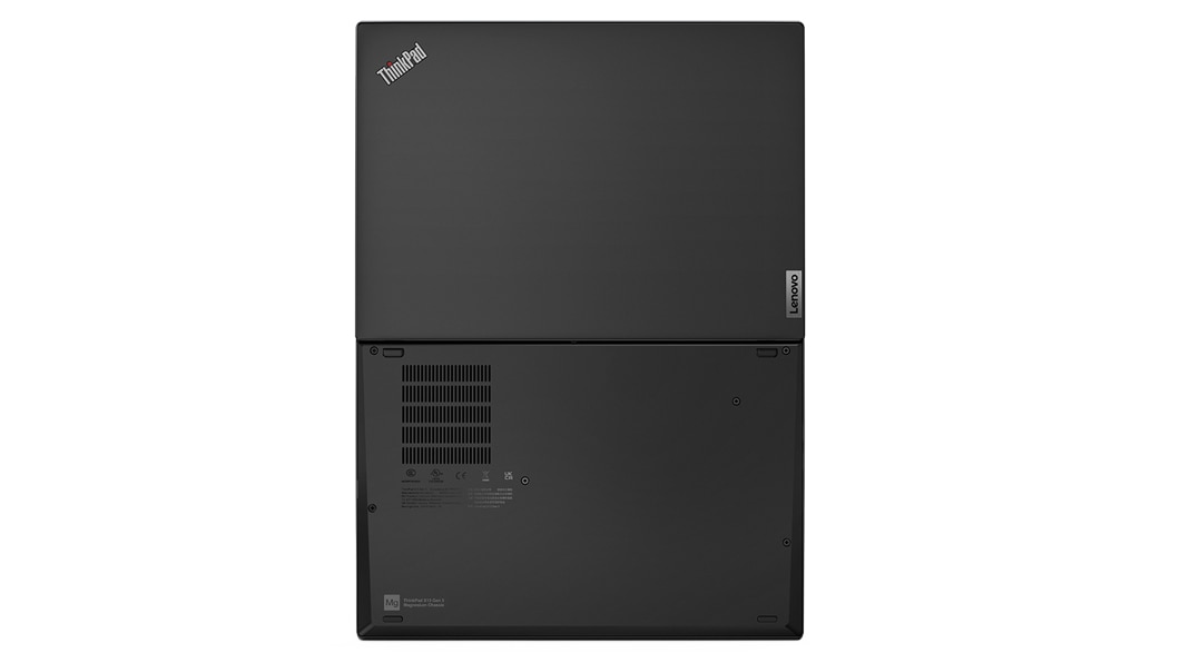 Parte inferior do portátil Lenovo ThinkPad X13 (3.ª geração) em Thunder Black, aberto a 180 graus.