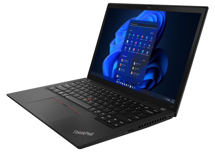 Lenovo ThinkPad X13 Gen 3 (13" AMD) laptop in Thunder Black, open 90 degrees and angled to show right-side ports.