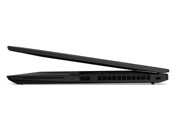 Vista del profilo laterale destro di ThinkPad X13 di terza generazione (13'' Intel) leggermente aperto che mostra le porte