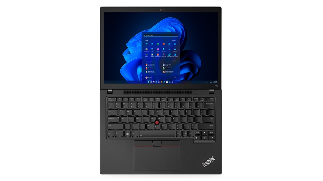 Aerial view of ThinkPad X13 Gen 3 (13'' Intel), opened 180 degrees, showing display and keyboard