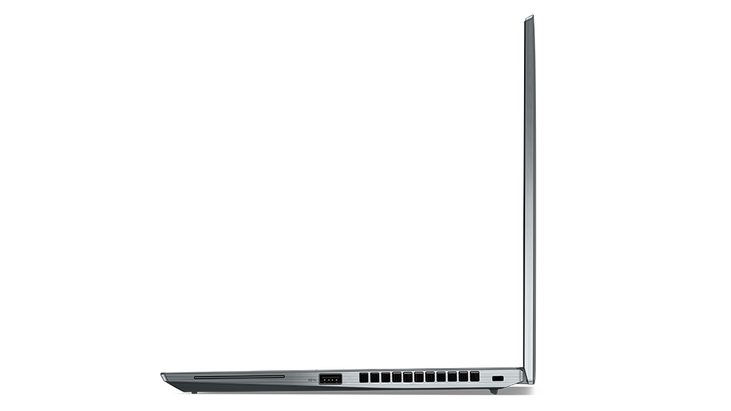 Rechterzijaanzicht van ThinkPad X13 Gen 3 (13'', Intel), 90 graden geopend, om te laten zien hoe dun de laptop is, poorten zichtbaar