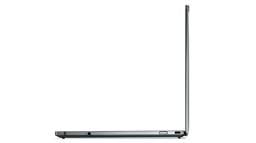 Vista del perfil superfino del lateral izquierdo del portátil Lenovo ThinkPad Z13 abierto en un ángulo de 90 grados.