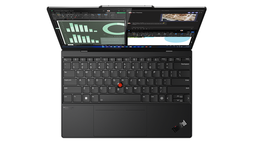 Vista superior del portátil Lenovo ThinkPad Z13 abierto en un ángulo de 90 grados y enfocando el teclado de borde a borde.