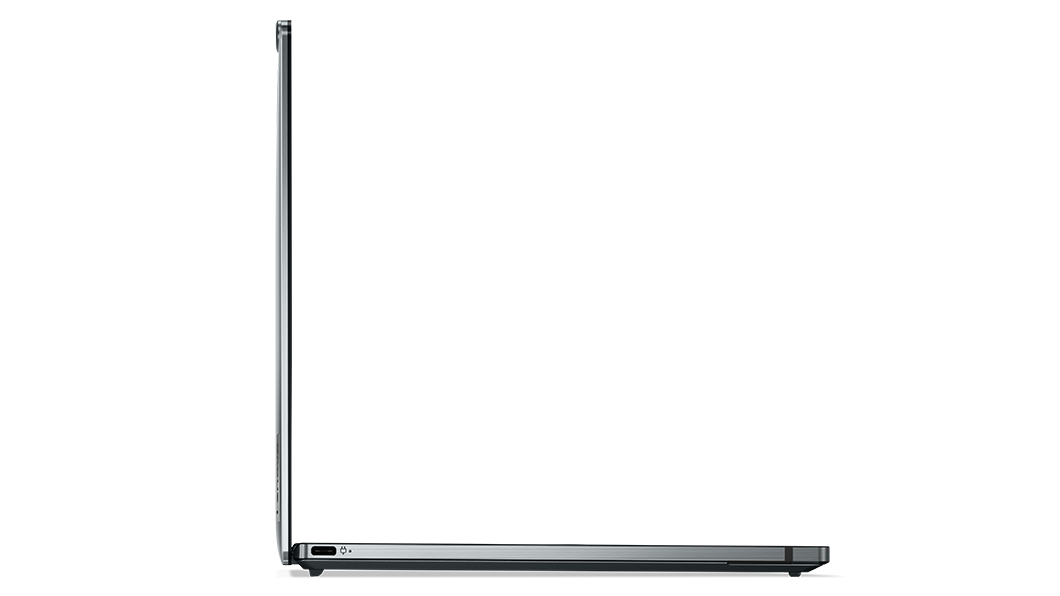 Profilo laterale sinistro ultrasottile del notebook Lenovo ThinkPad Z13 Yoga aperto a 90°.