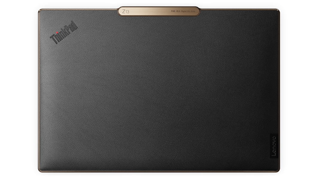 Den bærbare Lenovo ThinkPad Z13 sett ovenfra, med toppdeksel i bronsefarge med svart resirkulert PET-kunstskinn.