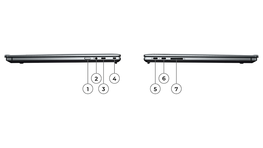 Profilansicht zweier Lenovo ThinkPad Z16 Notebooks mit Blick auf die Anschlüsse auf der linken und rechten Seite.