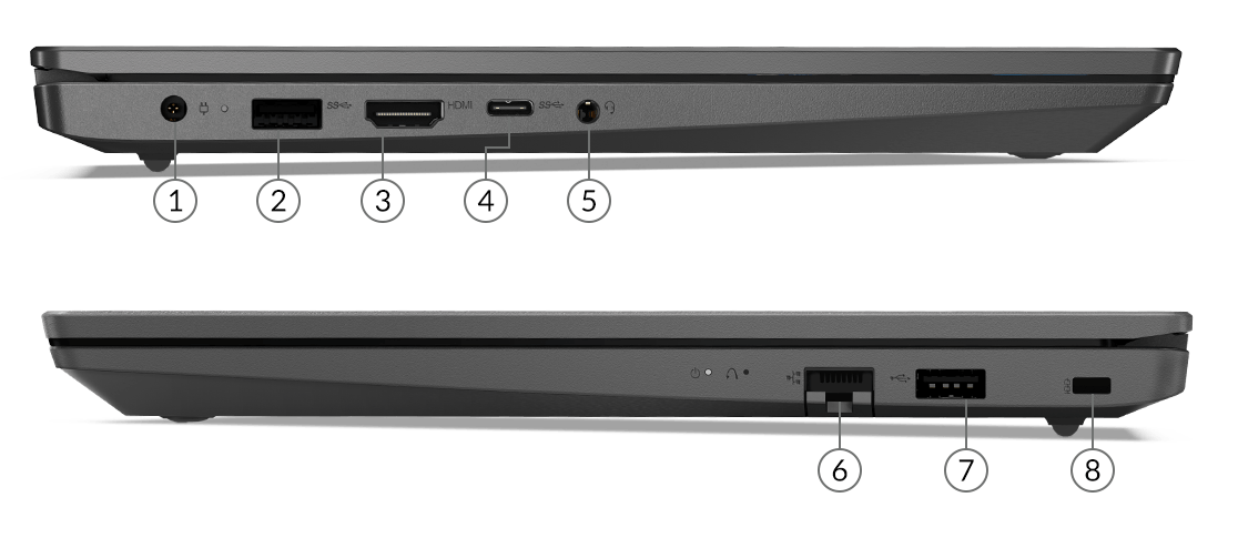 Lenovo V14 (AMD) laptop – side view with ports labelled