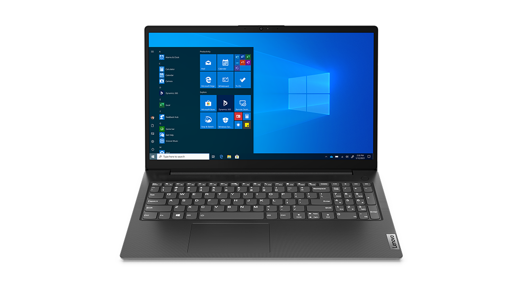 Lenovo V14 Gen 2-laptop (14'' Intel) – vooraanzicht met geopend scherm en het Windows-menu op het beeldscherm