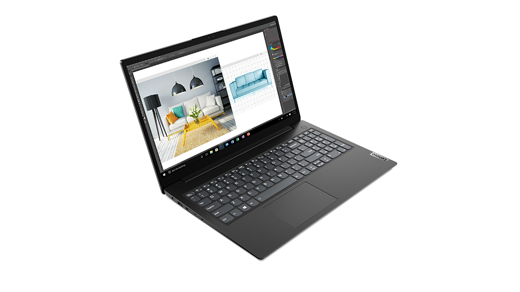 Lenovo V15 Gen 2-laptop (15'' Intel) – ¾ vooraanzicht van de linkerkant met het scherm geopend en een fotobewerkingsapp op het beeldscherm
