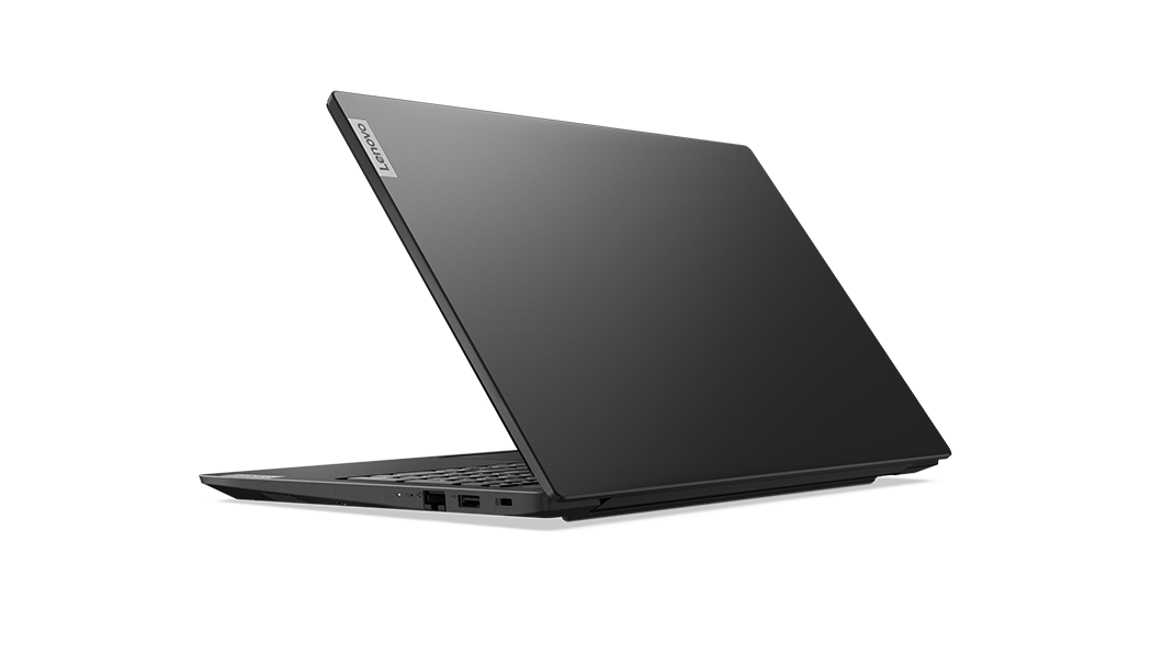 Lenovo V15 Gen 2-laptop (15'' Intel), ¾ achteraanzicht vanaf rechts met het scherm deels geopend