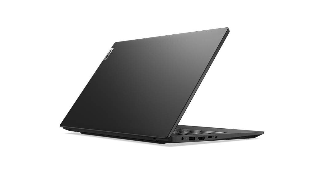 Lenovo V15 Gen 2-laptop (15'' Intel), ¾ achteraanzicht vanaf links met het scherm deels geopend