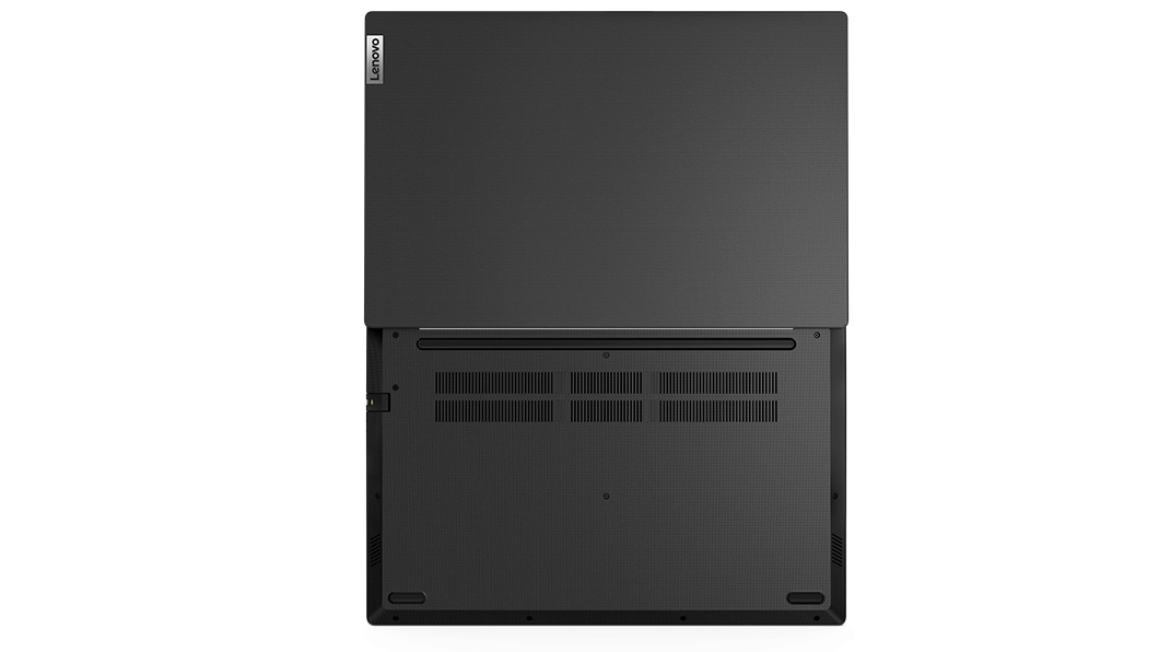 Lenovo V15 Gen 2-laptop (15'' Intel), achter-/onderaanzicht, vlak liggend met het scherm volledig geopend