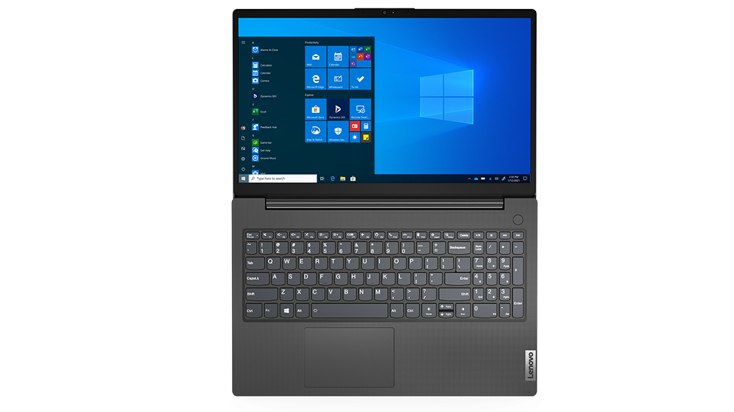 Bovenaanzicht van Lenovo V15 Gen 2-laptop (15'' Intel), 180 graden geopend, met Windows 11 Pro op het scherm.