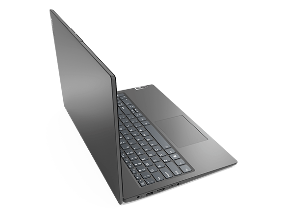 Lenovo V15 Gen 2 (15” AMD) laptop – ¾ rear/left view, lid open