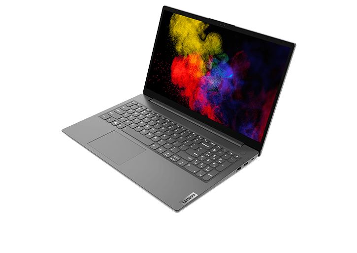 Lenovo V15 Gen 2 (15” AMD) laptop – ¾ front/right view, lid open, with colored smoke/mist on the display