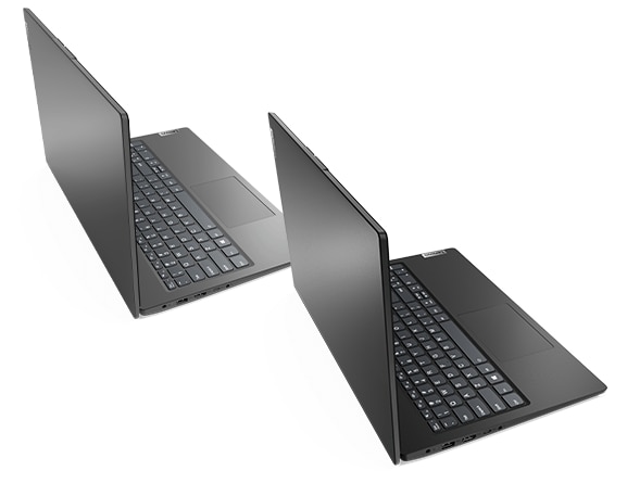 Two Lenovo V15 Gen 2 (15” Intel) laptops – ¾ left rear views, with lids open