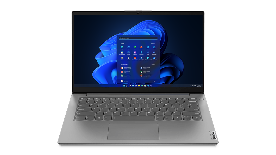 Vooraanzicht van Lenovo V15 Gen 2-laptop (15'' Intel) met Windows 11 Pro op het scherm.