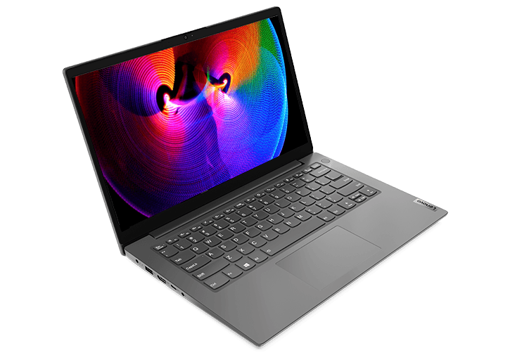 Lenovo V15 Gen 2 (15” Intel) laptop – ¾ left front view with lid open and concentric colored lines on the display