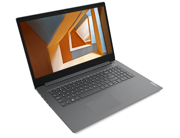 Front view of Lenovo V17 laptop open 90 degrees, showing keyboard and display. 