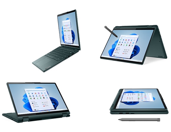 Four Lenovo Yoga 6 Gen 7 convertible laptops, each in a different mode: laptop, tent with optional pen, tablet with optional pen, and stand.