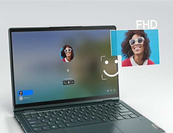 Den bærbare Yoga 6 Gen 8 med skjerm på, som viser FHD-webkamera