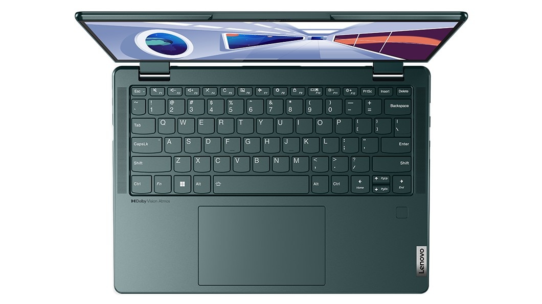 Bild ovanifrån av skärmen och tangentbordet på den bärbara datorn Yoga 6 Gen 8