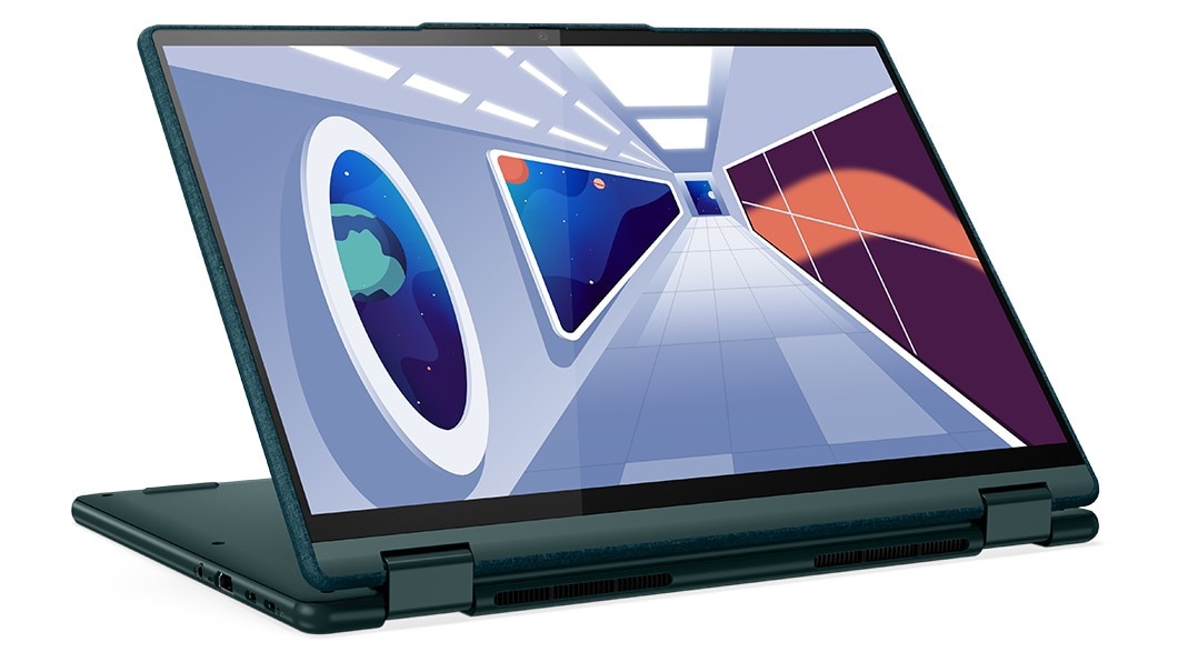 Den bärbara datorn Yoga 6 Gen 8 i presentationsläge med skärmen på