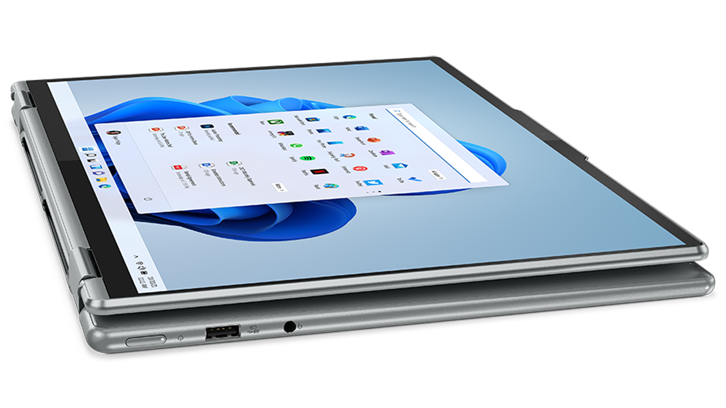 Yoga 7i Gen 7 (16'' Intel) in tabletstand, Windows 11 op scherm