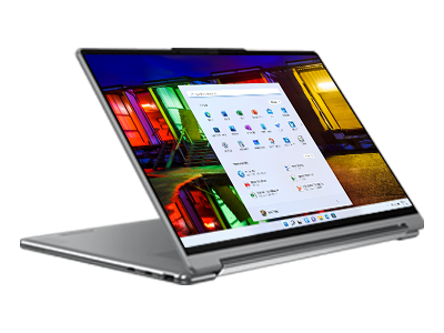 Yoga 9i Gen 7 in Storm Grey, in presentation mode, front facing right