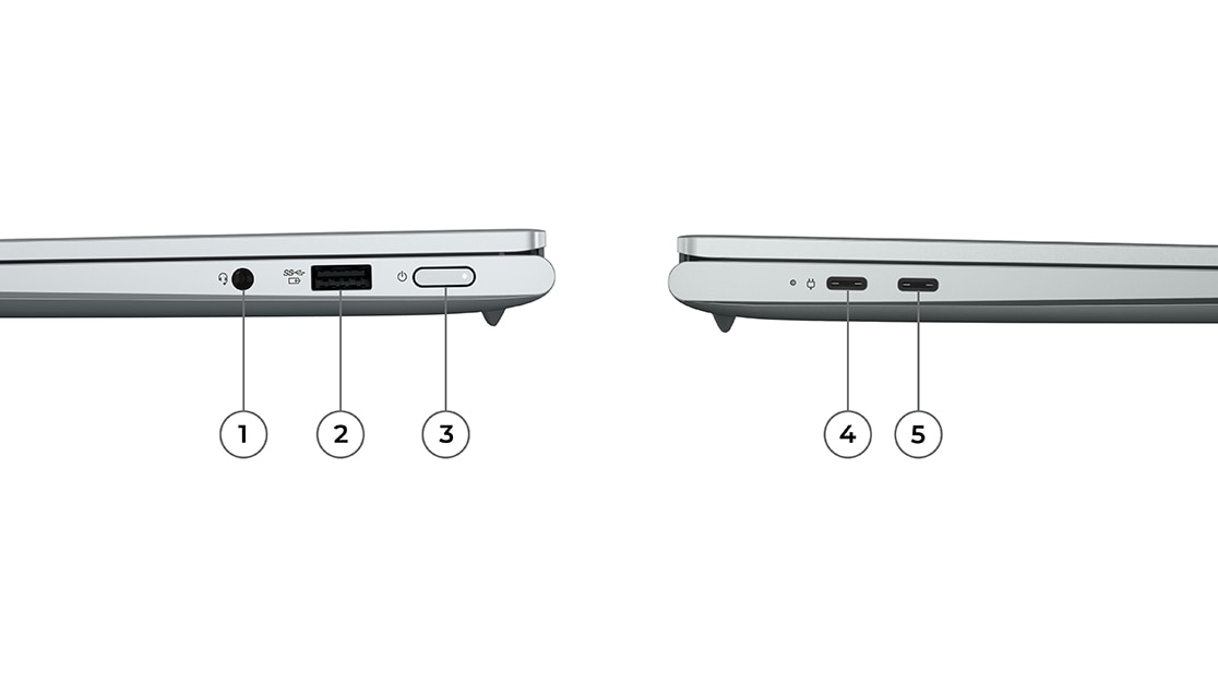 Два расположенных рядом друг с другом ноутбука Yoga Slim 7 Pro (14, 7th Gen, AMD) с закрытыми крышками, с указанием портов и разъемов с правой и левой стороны