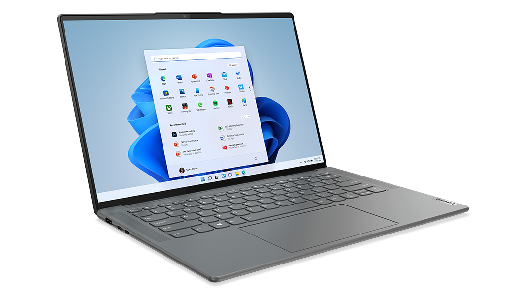 Laptop Lenovo Yoga Slim 7 Pro X 7ma Gen (14.5”, AMD) abierta, mirando a la derecha, mostrando la pantalla y el teclado