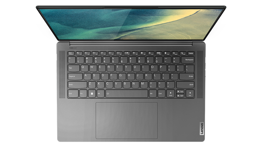 Imagen superior de la laptop Lenovo Yoga Slim 7 Pro X 7ma Gen (14.5”, AMD) abierta a poco más de 90°