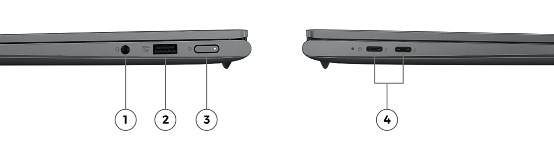 Ноутбук Yoga Slim 7i Pro (14, 7th Gen, Intel®): вид слева с указанием портов и разъемов. Ноутбук Yoga Slim 7i Pro (14, 7th Gen, Intel®): вид справа с указанием портов и разъемов